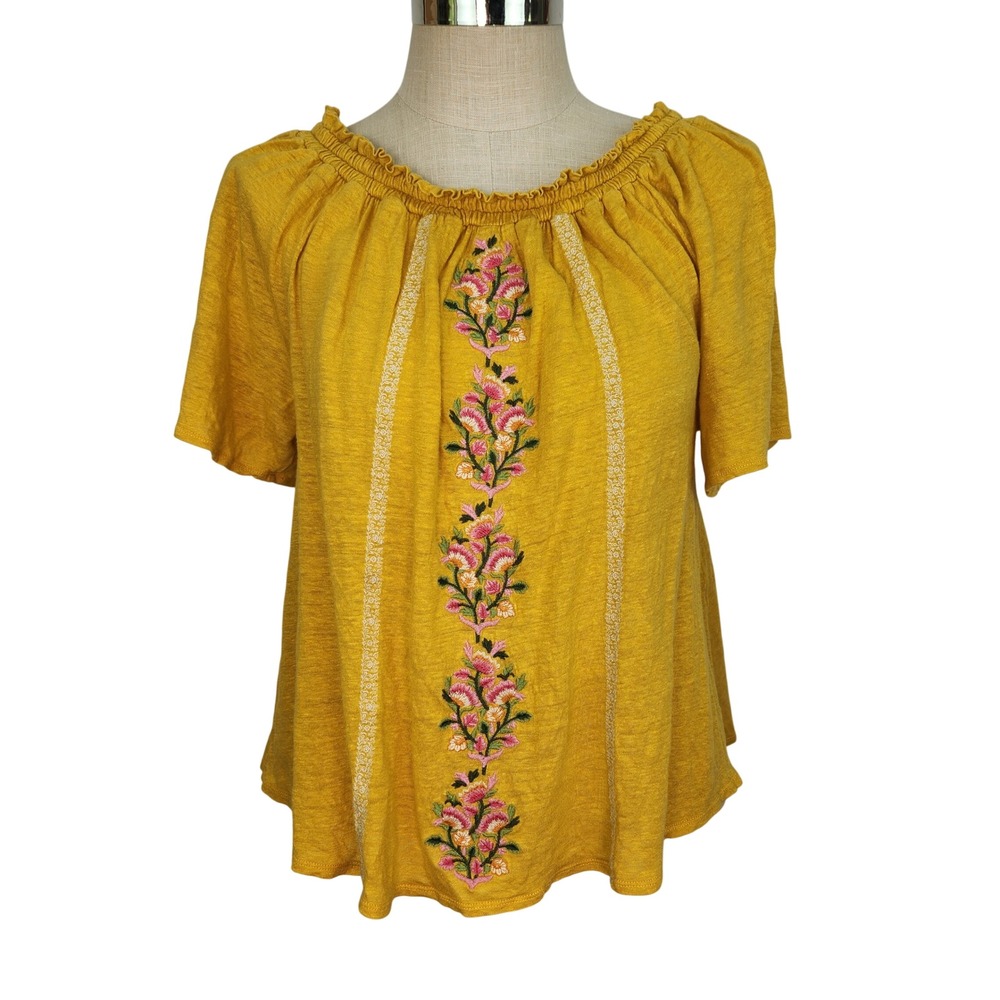 Sundance Mustard Yellow Floral Embroidered Linen Peasant Top Short Sleeve Boho S
